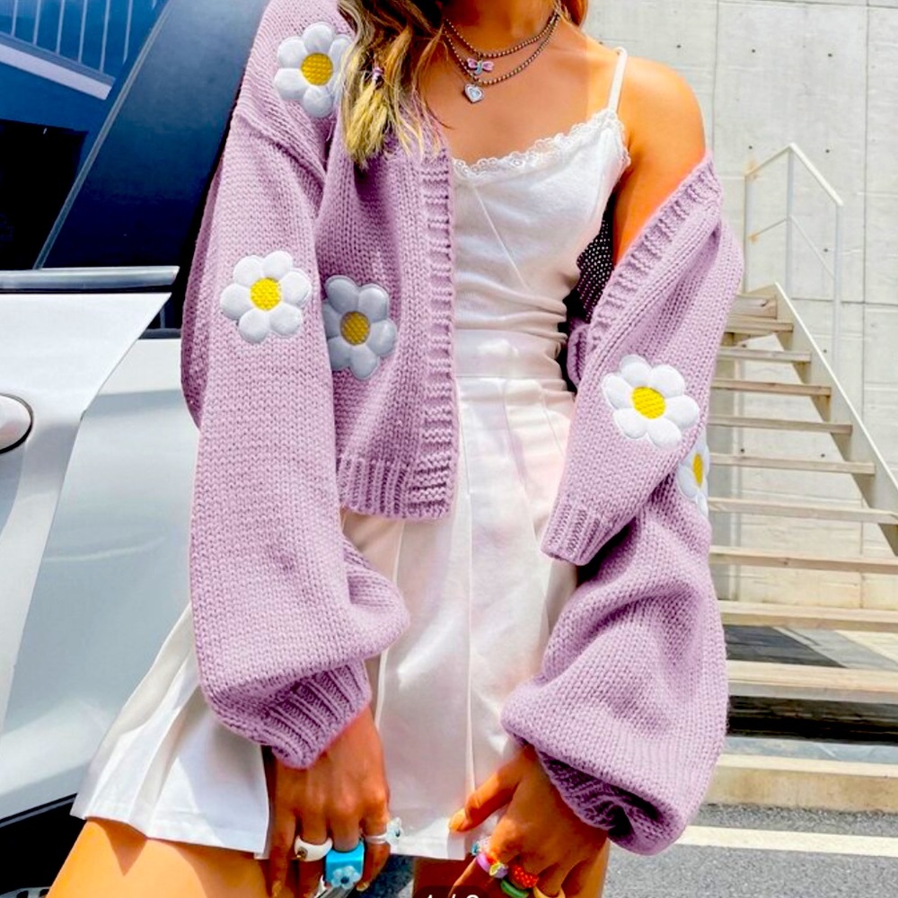 SHEIN Purple Cardigan with Daisy Embroidery